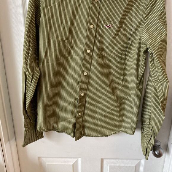 Hollister Men’s Button Down Shirt Size Medium Green Striped Long Sleeve - Picture 5 of 13